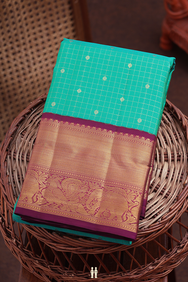 Kanchipuram Silk Saree In Aqua Green With Checks Design