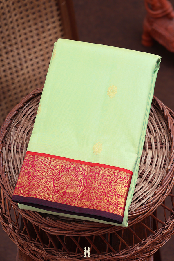 Kanchipuram Silk Saree In Mint Green With Peacock Buttas