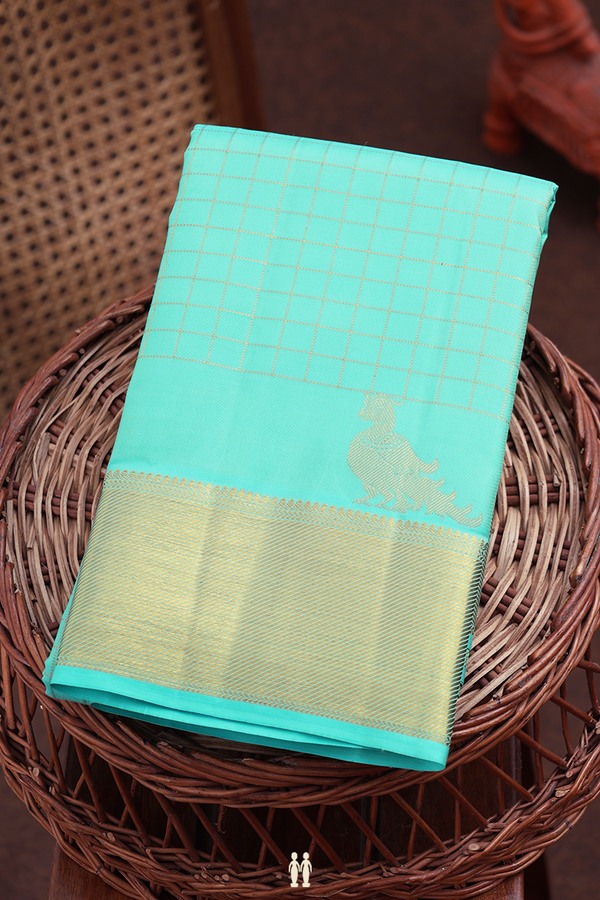 Kanchipuram Silk Saree In Tiffany Blue With Checks Design