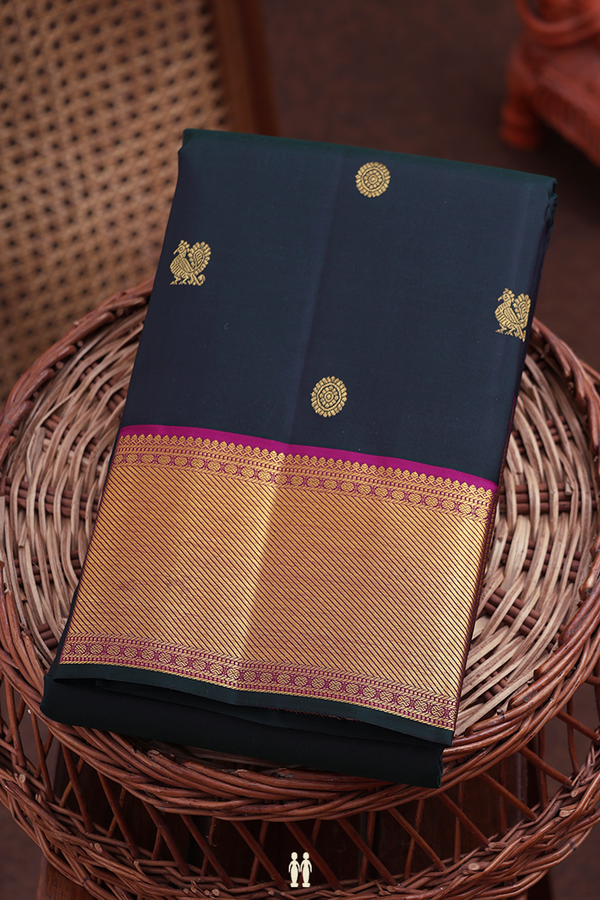 Kanchipuram Silk Saree In Dark Green With Peacock Buttas