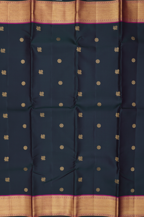 Kanchipuram Silk Saree In Dark Green With Peacock Buttas