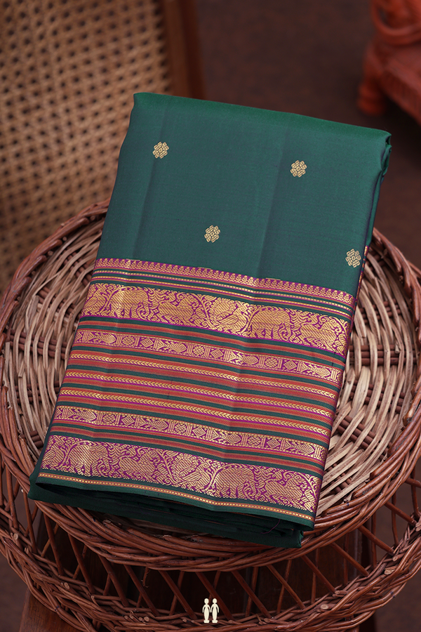 Kanchipuram Silk Saree In Dark Green With Floral Buttas