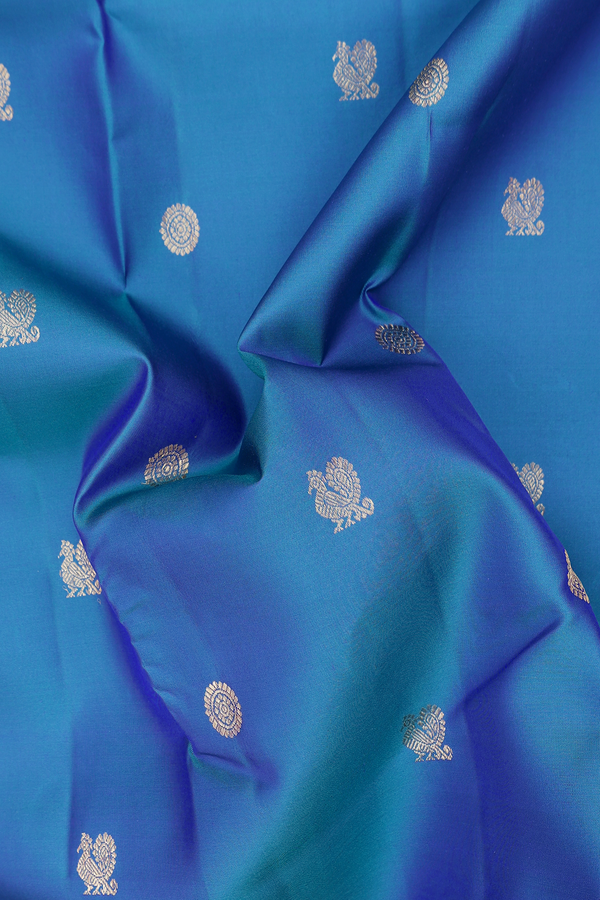 Kanchipuram Silk Saree In Capri Blue With Peacock Buttas