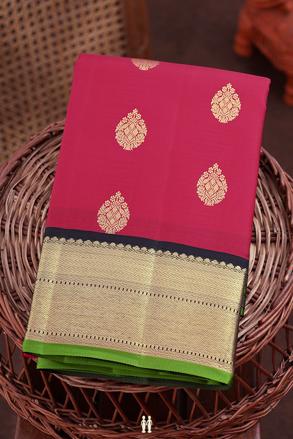 Kanchipuram Silk Saree In Rose Red With Zari Buttas