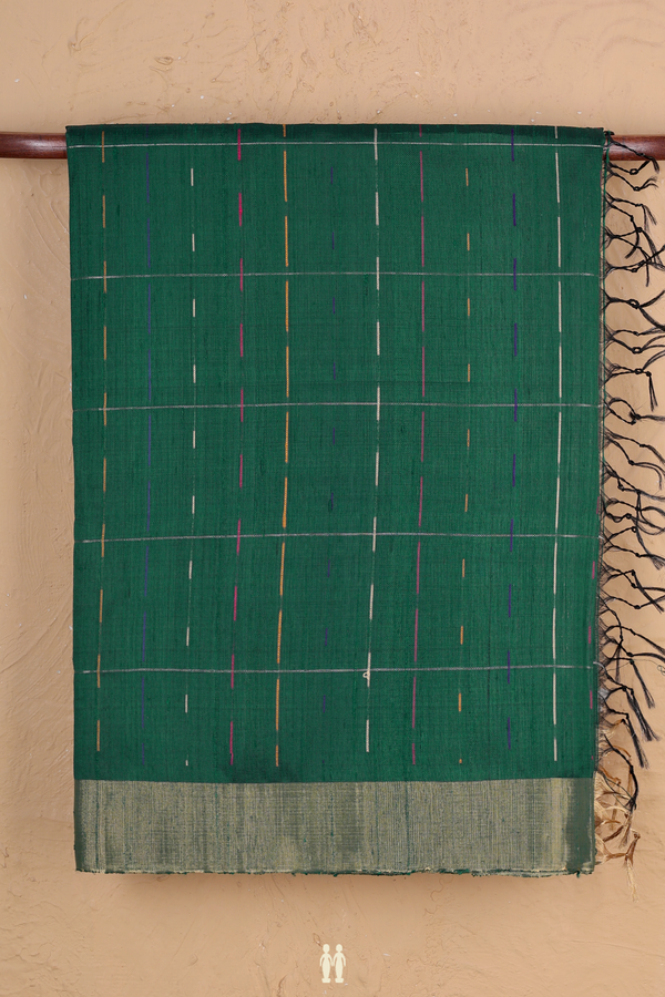 Raw Silk Saree In Forest Green With Stripes Design