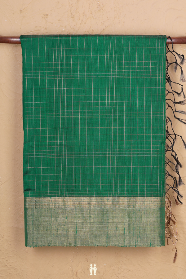Raw Silk Saree In Emerald Green With Checks Design