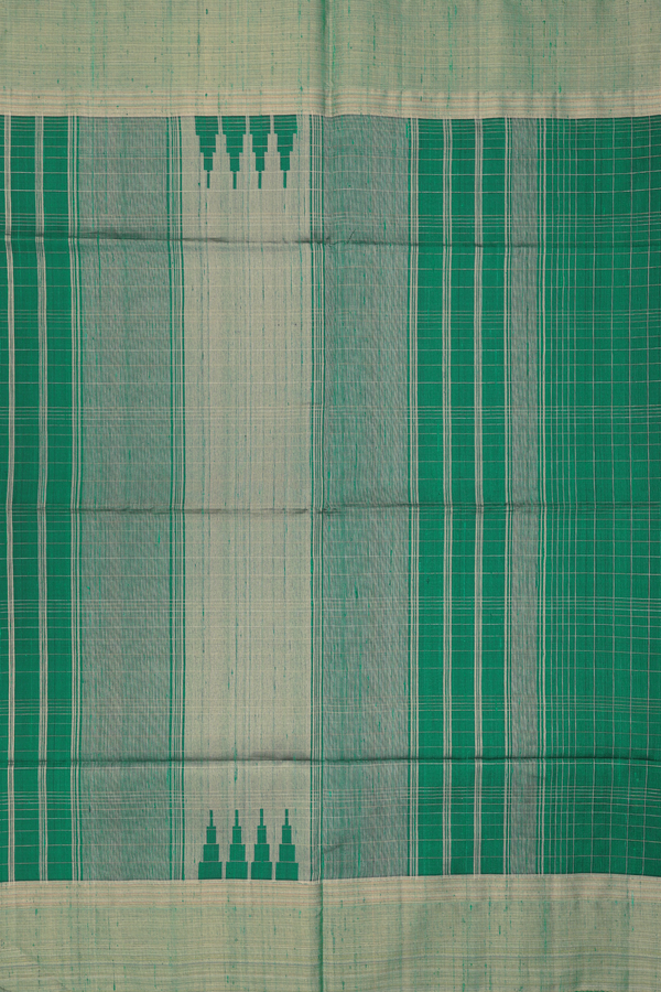Raw Silk Saree In Emerald Green With Checks Design