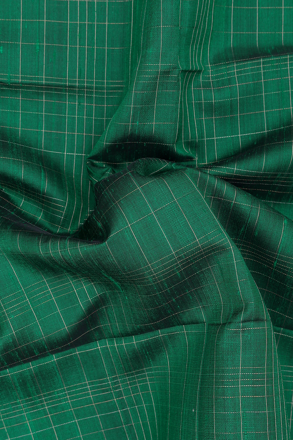 Raw Silk Saree In Emerald Green With Checks Design