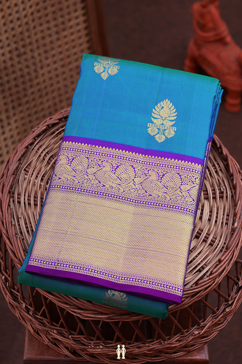 Kanchipuram Silk Saree In Cobalt Blue With Zari Buttas