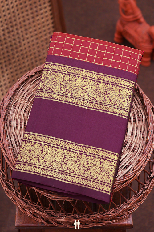 Kanchipuram Silk Saree In Crimson Red With Checks Design