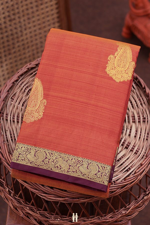 Kanchipuram Silk Saree In Rust Orange With Paisley Motifs