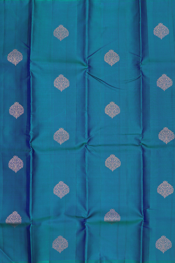 Kanchipuram Silk Saree In Prussian Blue With Zari Buttas