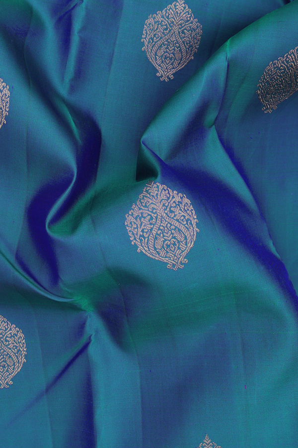 Kanchipuram Silk Saree In Prussian Blue With Zari Buttas