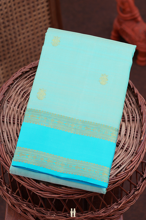 Kanchipuram Silk Saree In Blue With Iruthalai Pakshi Buttas