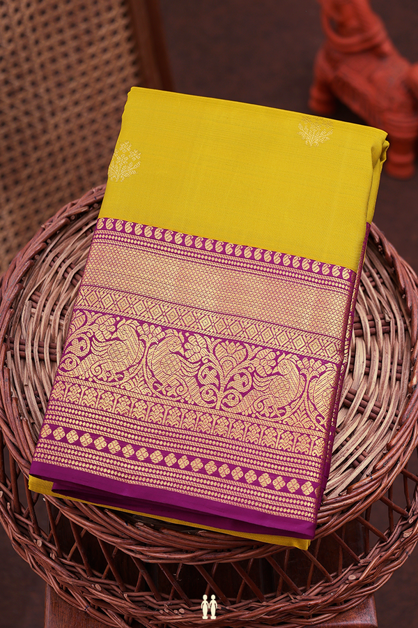 Kanchipuram Silk Saree In Sunflower Yellow With Floral Buttas
