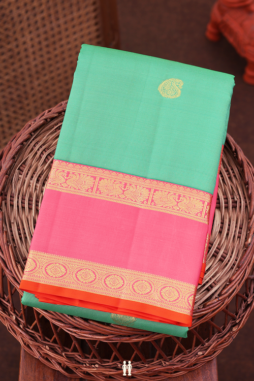 Kanchipuram Silk Saree In Green Along Stripes With Buttas