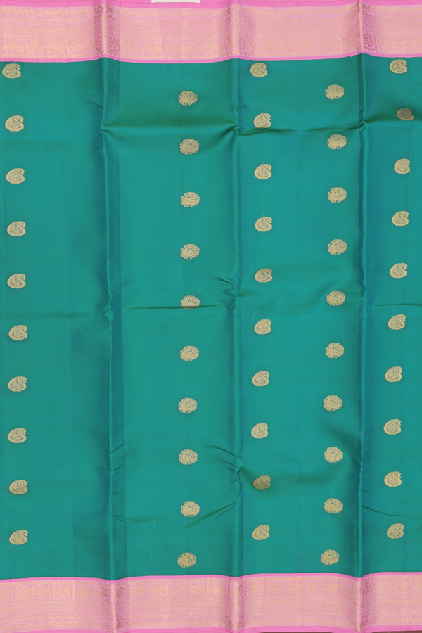 Kanchipuram Silk Saree In Peacock Green With Paisley Buttas