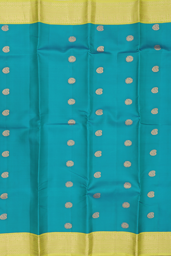 Kanchipuram Silk Saree In Teal Blue With Paisley Buttas