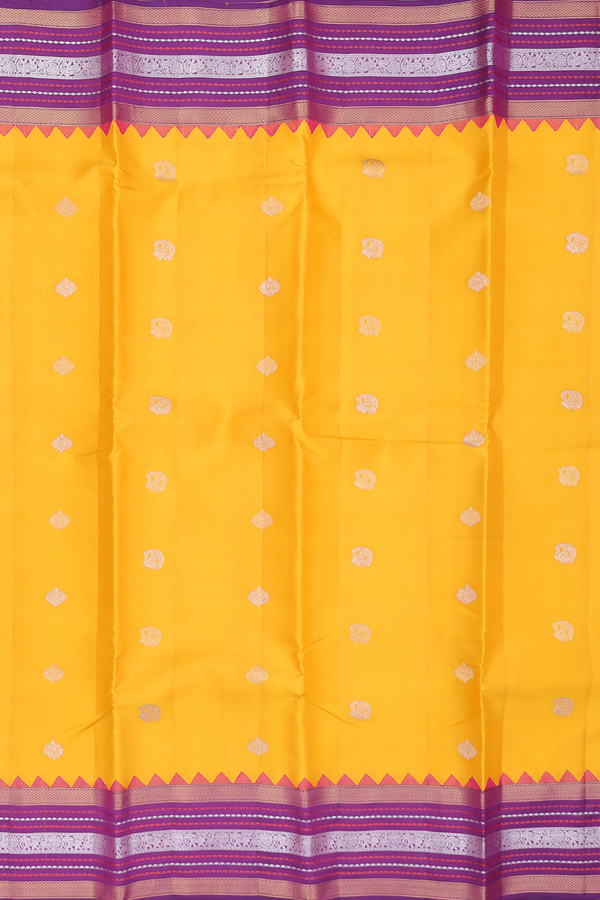 Kanchipuram Silk Saree In Saffron Yellow With Paisley Buttas