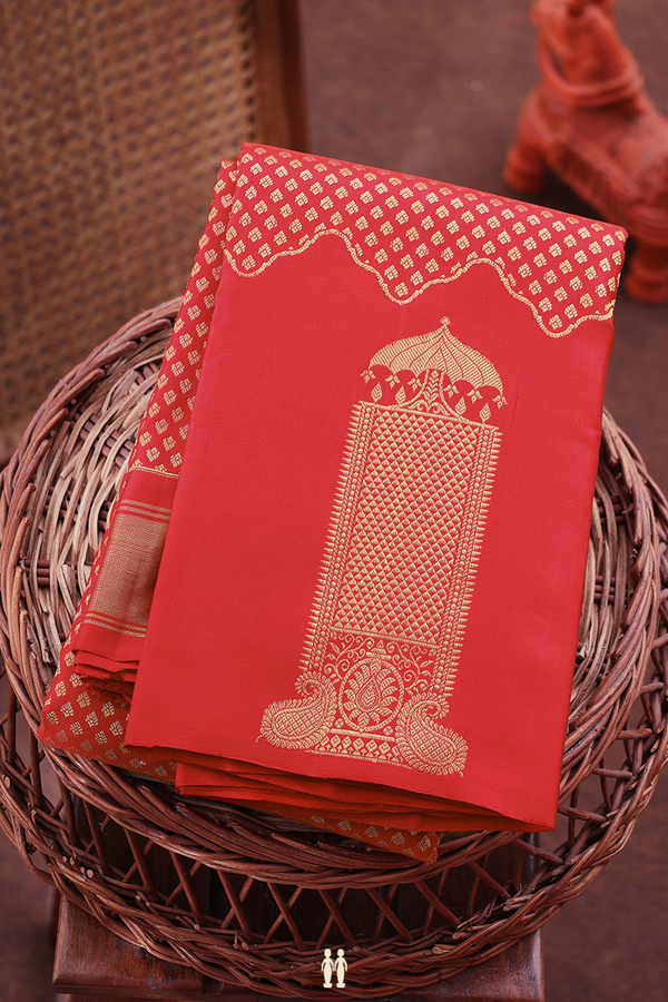 Kanchipuram Silk Saree In Scarlet Red With Brocade Design