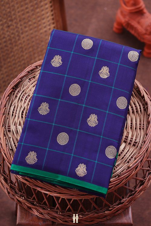 Kanchipuram Silk Saree In Royal Blue With Checks Design