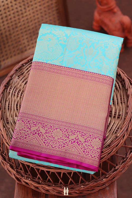 Kanchipuram Silk Saree In Sky Blue With Floral Design