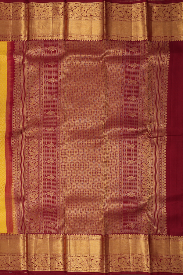 Kanchipuram Silk Saree In Saffron Yellow With Brocade Design