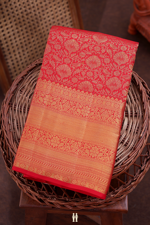 Kanchipuram Silk Saree In Scarlet Red With Brocade Design