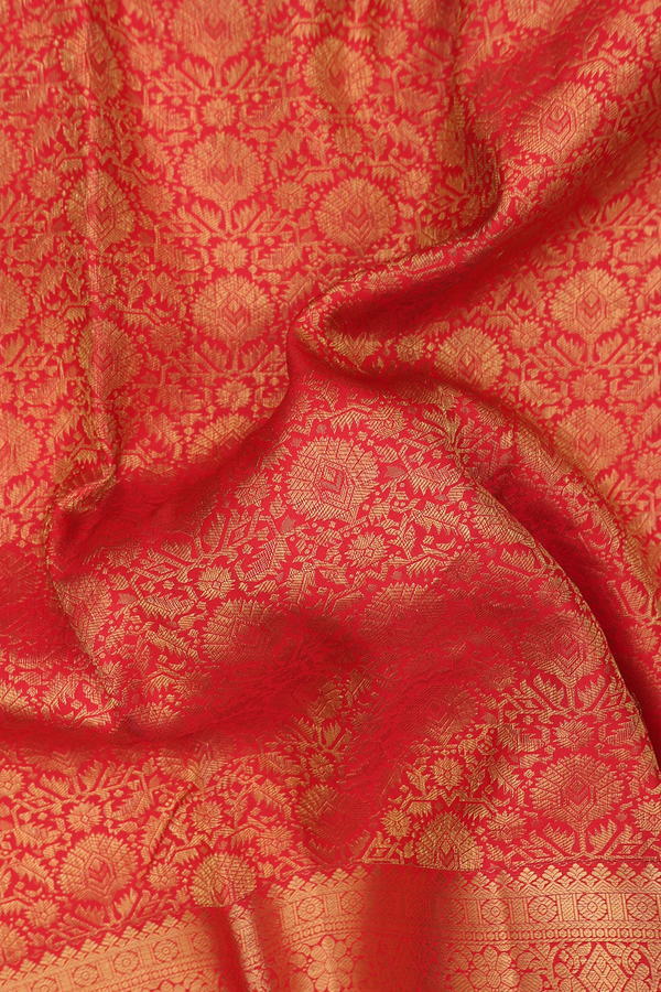 Kanchipuram Silk Saree In Scarlet Red With Brocade Design