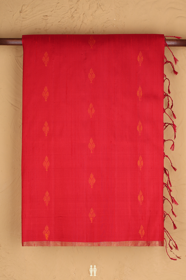 Raw Silk Saree In Chilli Red With Floral Buttas