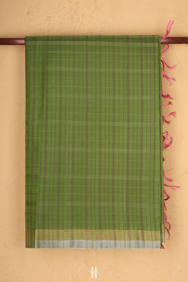 Raw Silk Saree In Fern Green With Checks Design