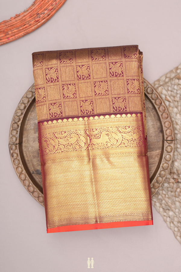 Kanchipuram Silk Saree In Burgundy Red With Brocade Design