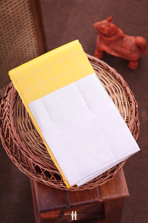 Kanchipuram Silk Saree In Cream Orange With Checks Design