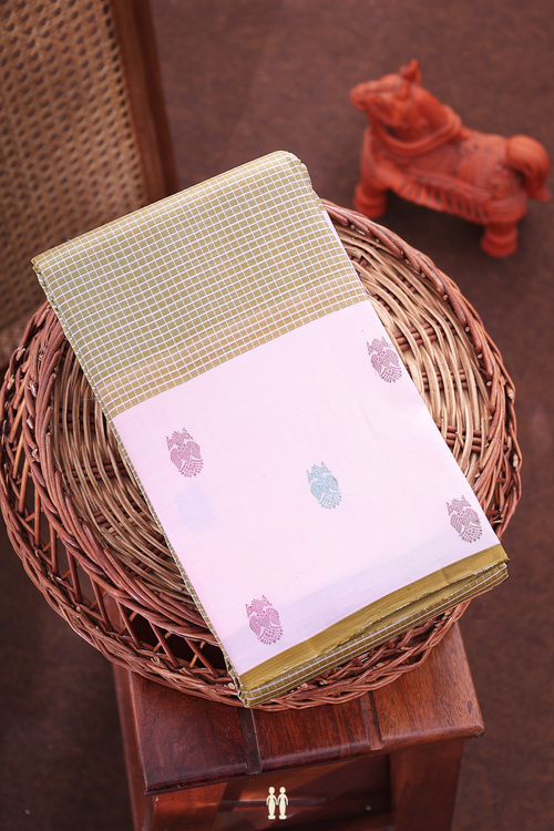 Kanchipuram Silk Saree In Pastel Brown With Checks Design