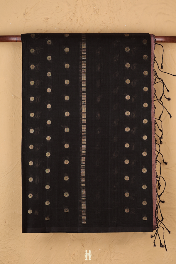 Raw Silk Saree In Dark Oak Brown With Zari Buttas