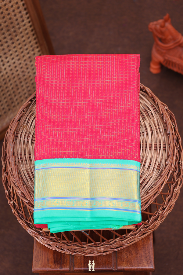 Kanchipuram Silk Saree In Hibiscus Red With Checks Design