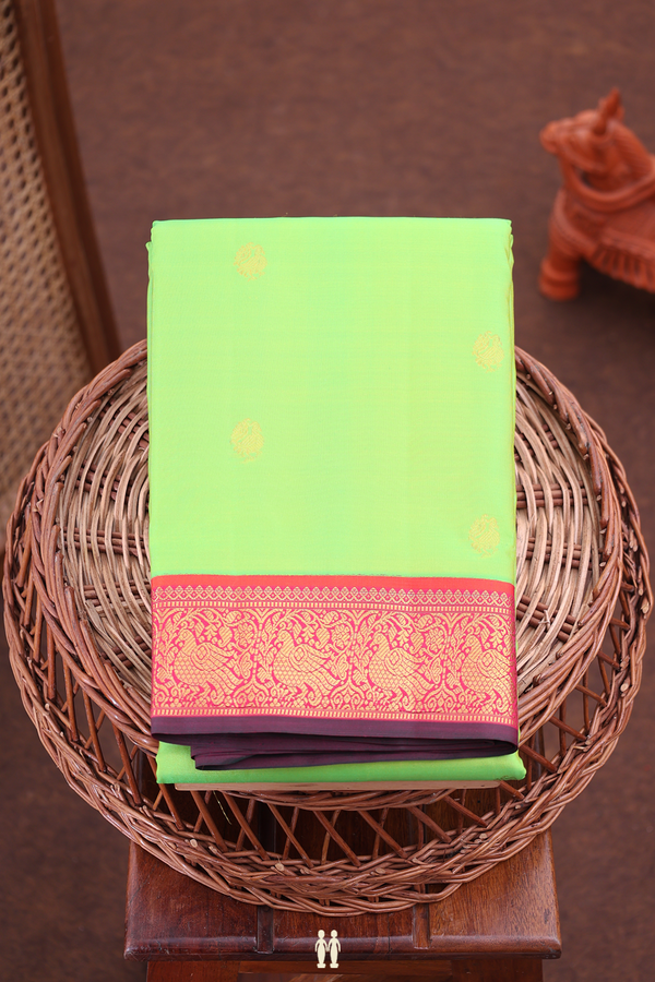 Kanchipuram Silk Saree In Lime Green With Peacock Buttas