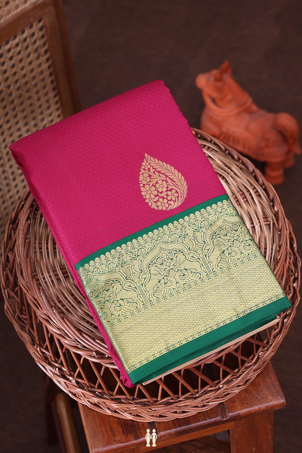 Kanchipuram Silk Saree In Hibiscus Red With Jacquard Pattern