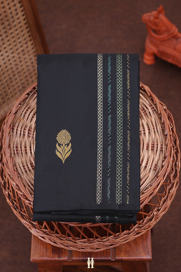 Kanchipuram Silk Saree In Black With Stripes Along Buttas
