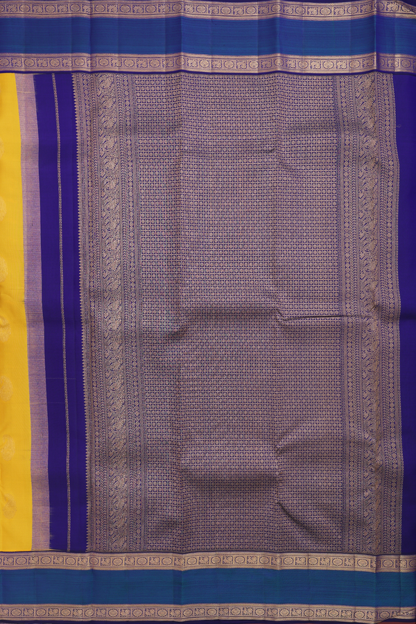 Kanchipuram Silk Saree In Saffron Yellow With Paisley Buttas