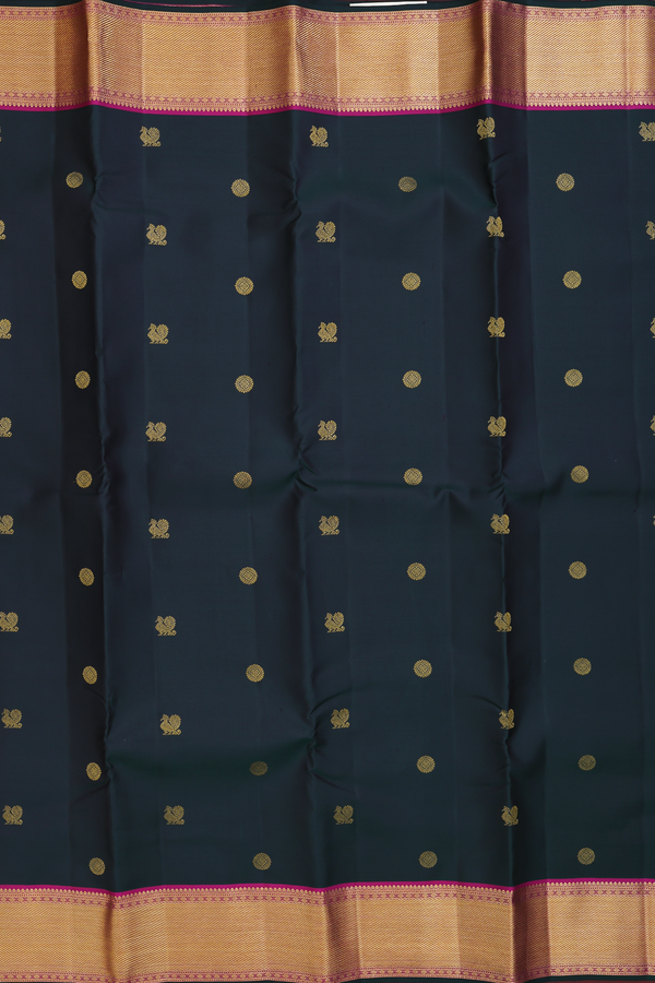 Kanchipuram Silk Saree In Bottle Green With Peacock Buttas