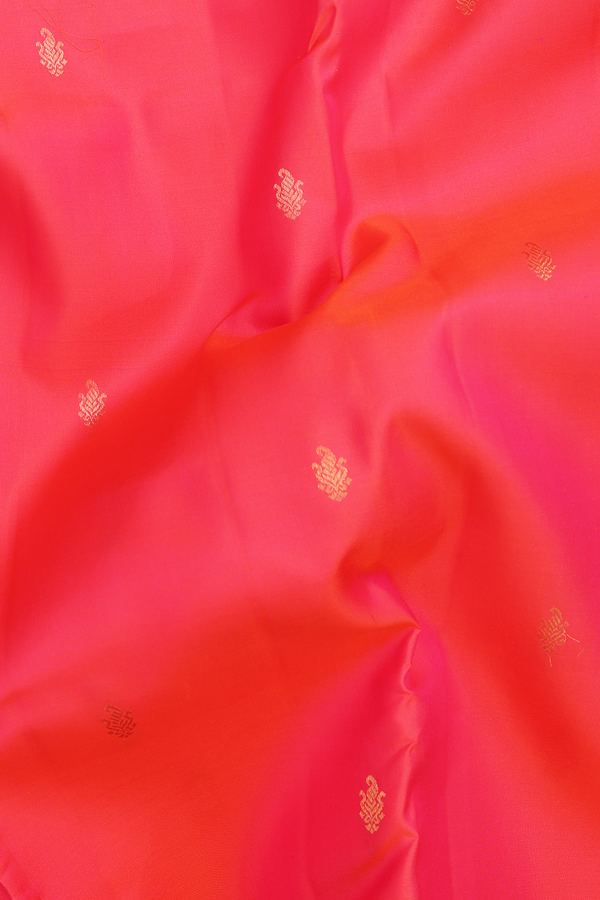 Kanchipuram Silk Saree In Coral Pink With Paisley Buttis