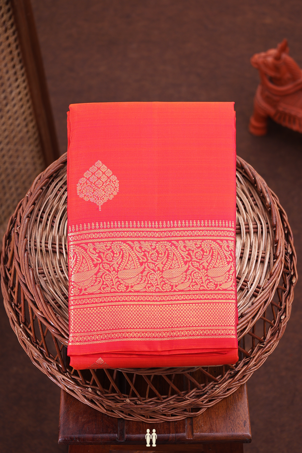 Kanchipuram Silk Saree In Coral Red With Zari Buttas
