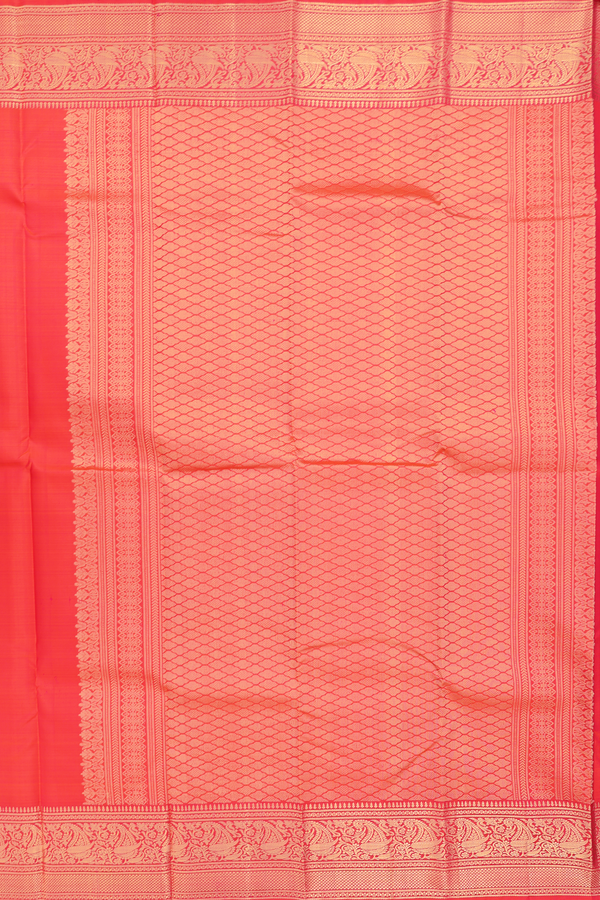 Kanchipuram Silk Saree In Coral Red With Zari Buttas