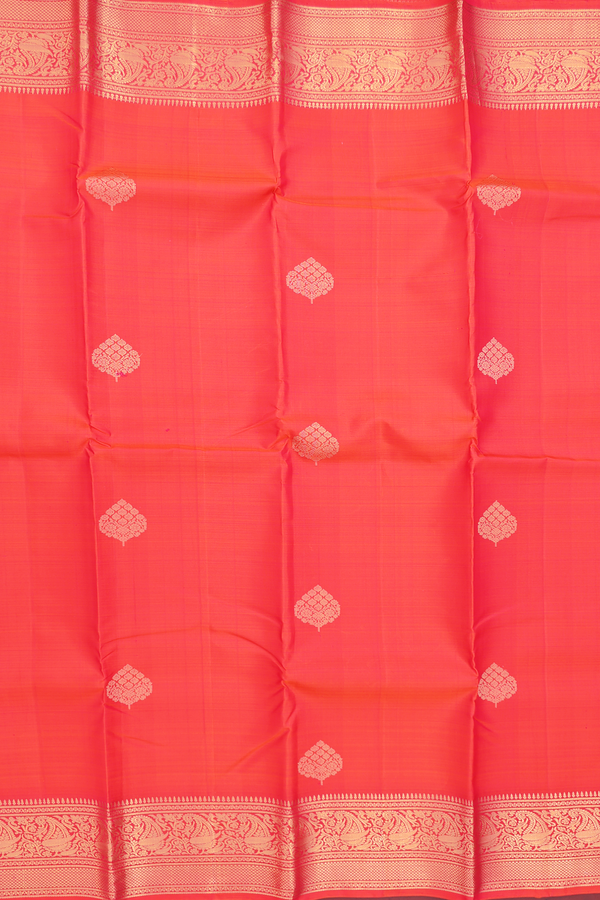 Kanchipuram Silk Saree In Coral Red With Zari Buttas
