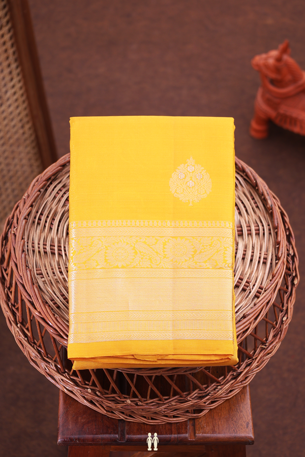 Kanchipuram Silk Saree In Mustard Yellow With Tree Buttas