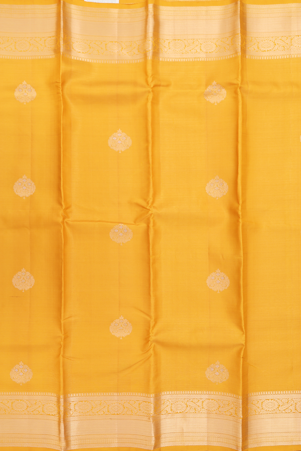Kanchipuram Silk Saree In Mustard Yellow With Tree Buttas