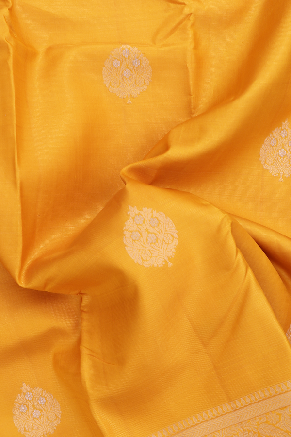 Kanchipuram Silk Saree In Mustard Yellow With Tree Buttas