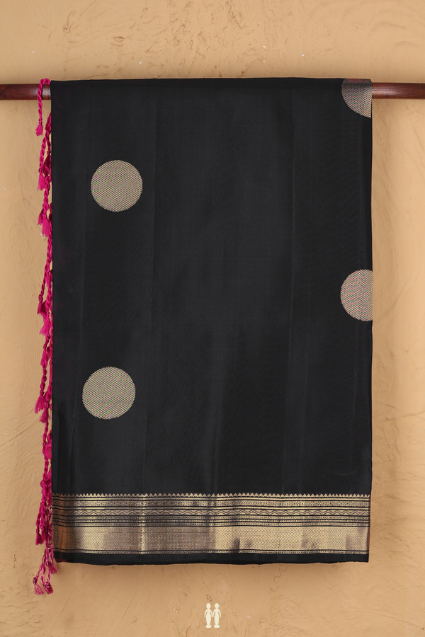Soft Silk Saree In Black With Zari Buttas