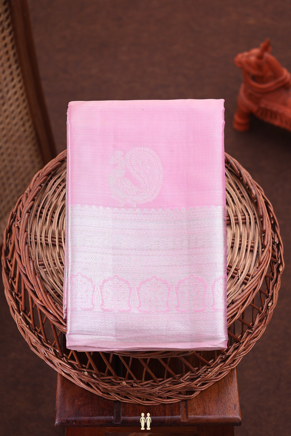 Kanchipuram Silk Saree In Pink Tissue With Peacock Motifs